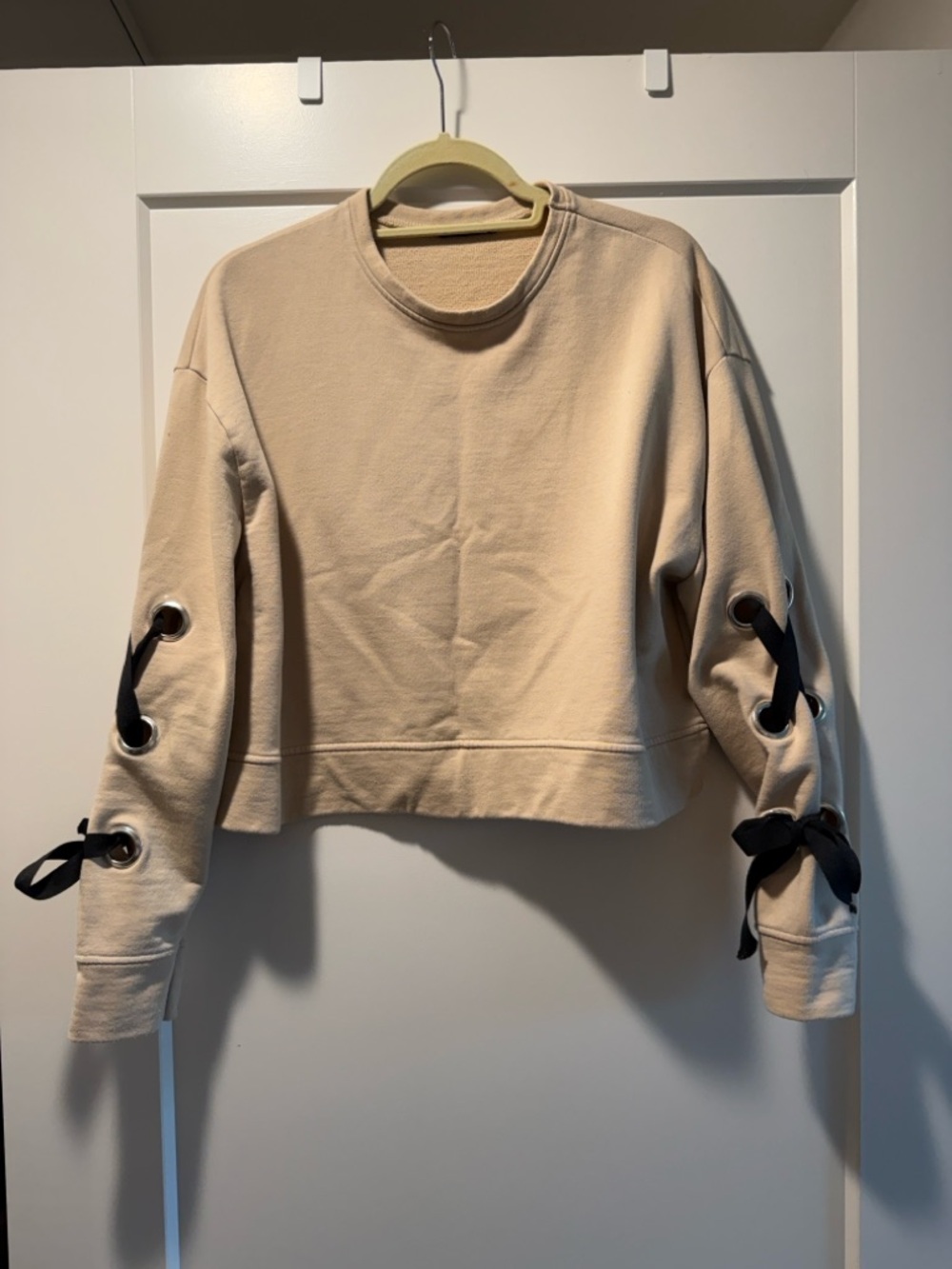 Zara Beige Sweatshirt with Black Lace-Up Sleeves